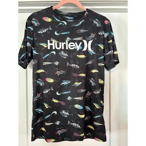 Hurley Kids Rash Guard T Shirt XL Fishing Lures UPF 50+ Black Short Sleeve Surf